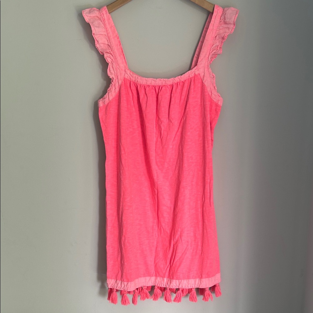 Vineyard Vines Dress Cover-up Hot Pink Ruffle Sleeve Tassel Hem 100% Cotton‎ M
